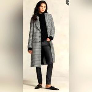 Ralph Lauren Black & White Houndstooth Long PeaCoat Classic Over Coat Wool Blend